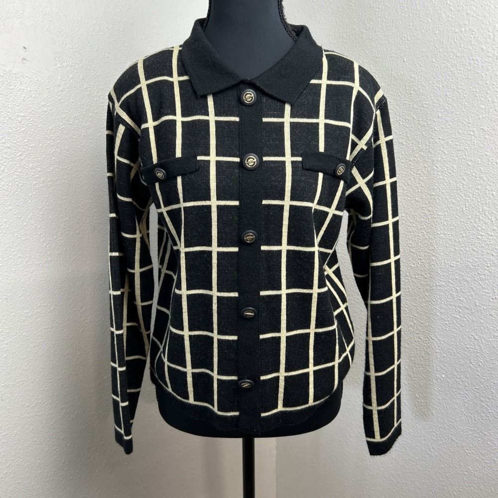 Adolfo Collectibles Sweater Women's Small Black & Cream Plaid Detailed Buttons